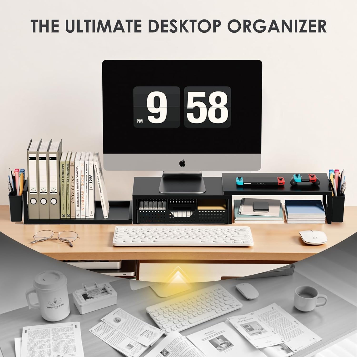 Dual Monitor Stand Riser with Drawer and Pen Holders, Metal Desk Shelf Organizer for Office Workspace, Green Desktop Storage