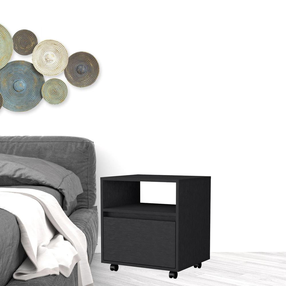 HomeRoots 518168 21 in. One Drawer Nightstand with Integrated Tech, Black