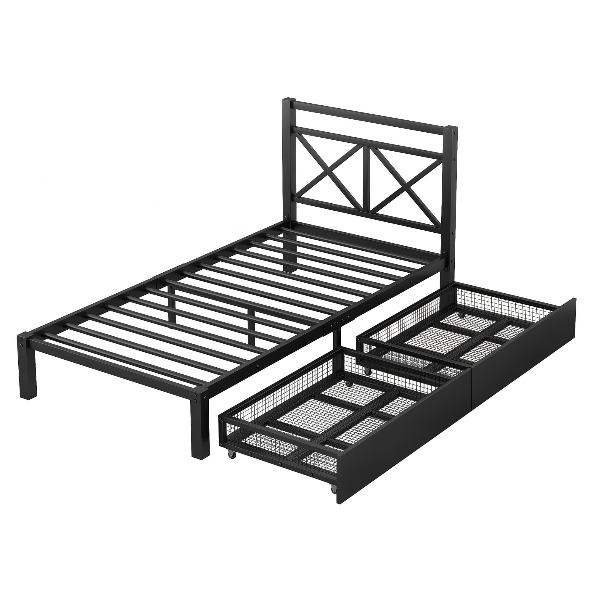 Euroco Metal Twin Size Platform Bed with Two Drawers for Kids Room, Black