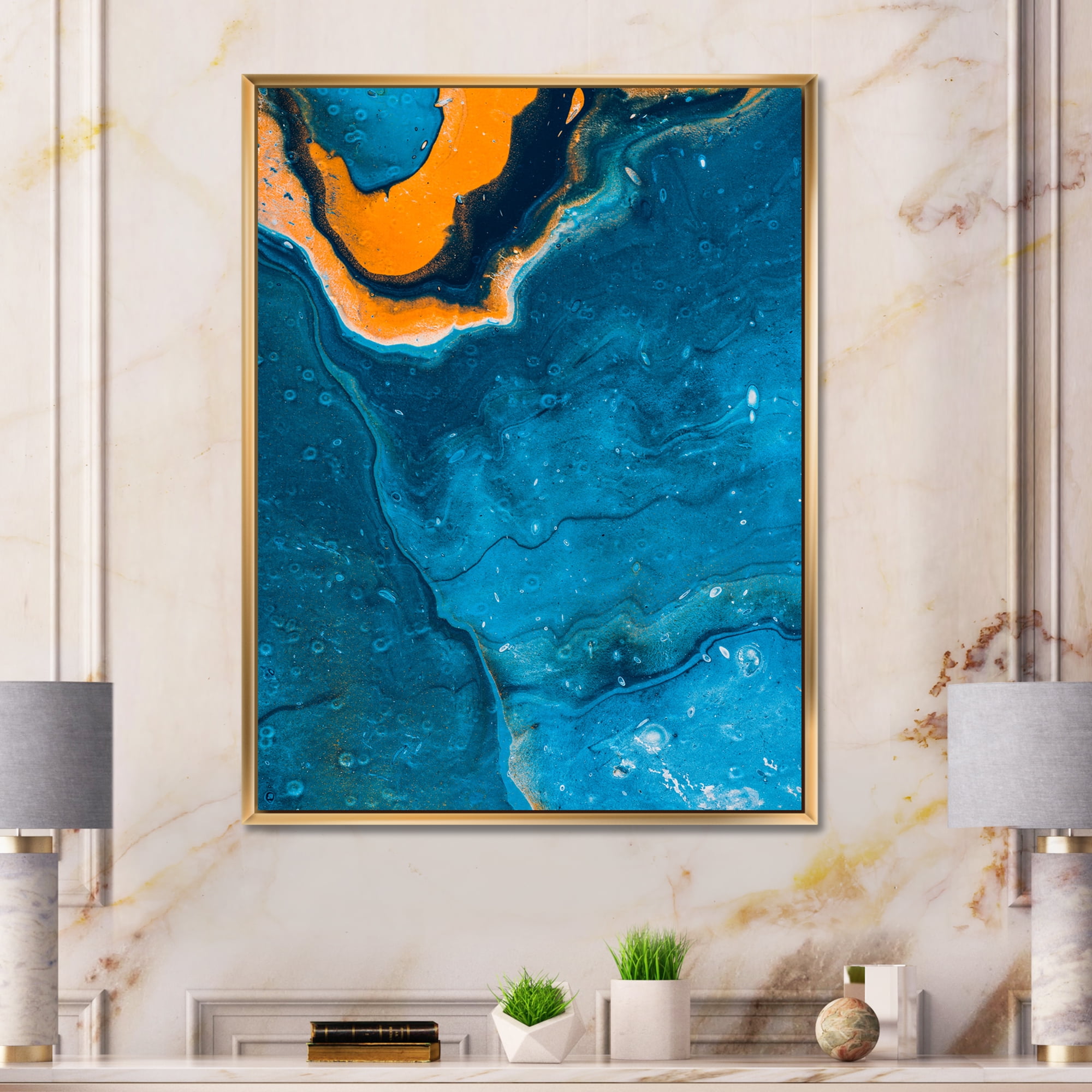 Designart 'Abstract Marble Composition In Orange and Blue III' Modern Framed Canvas Wall Art Print