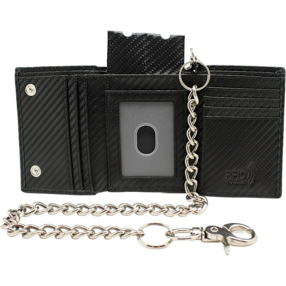 Trifold Chain Wallet, Carbon Fiber Leather wallet for men RFID-Safe, Durable, Water-Resistant, Scratch-Resistant