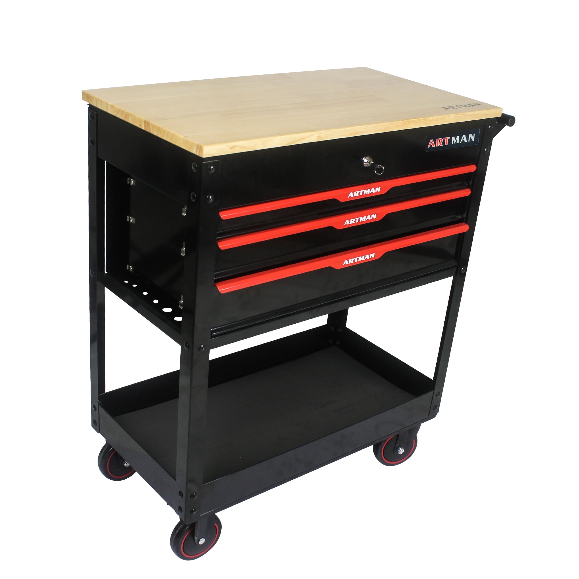 ARTMAN 3 Drawers Rolling Tool Cart, Utility Tool Box with Wheels Wood Top Mechanic Tool Storage Organizer Cabinet, Tool Chest for Garage, Warehouse, Workshop, Repair Shop