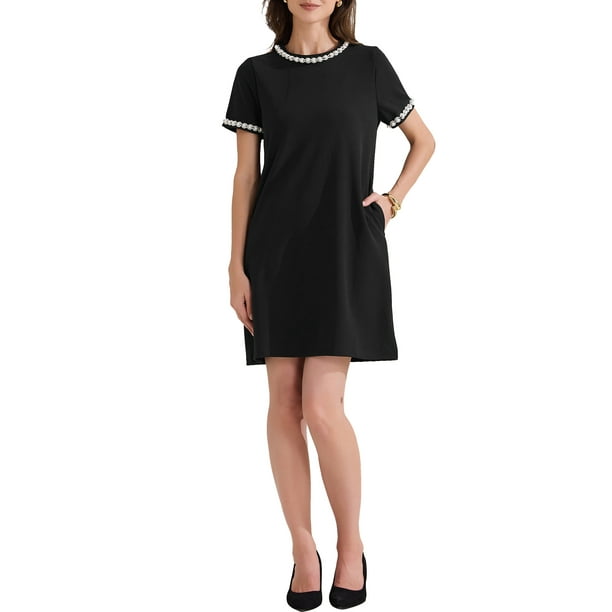 INSPIRAR CHIC Vestido corto de verano para mujer, de manga corta, cuello redondo, suelto, casual, mini, talla XL, negro