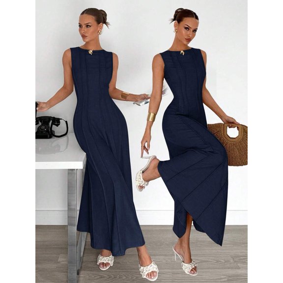 Navy Blue Pleated Sleeveless A-Line Maxi Dress For Women, Elegant Party Casual Dress