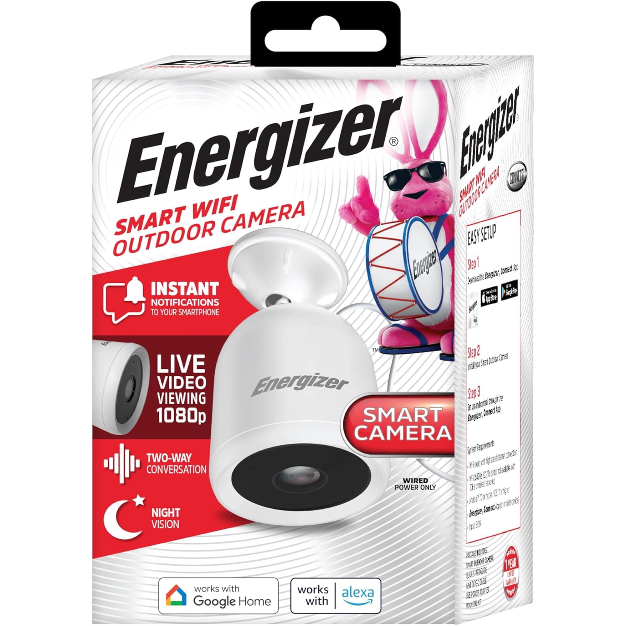 Energizer Smart Outdoor Security Camera 1080P HD with 2-Way Audio, Night Vision & Alerts, White