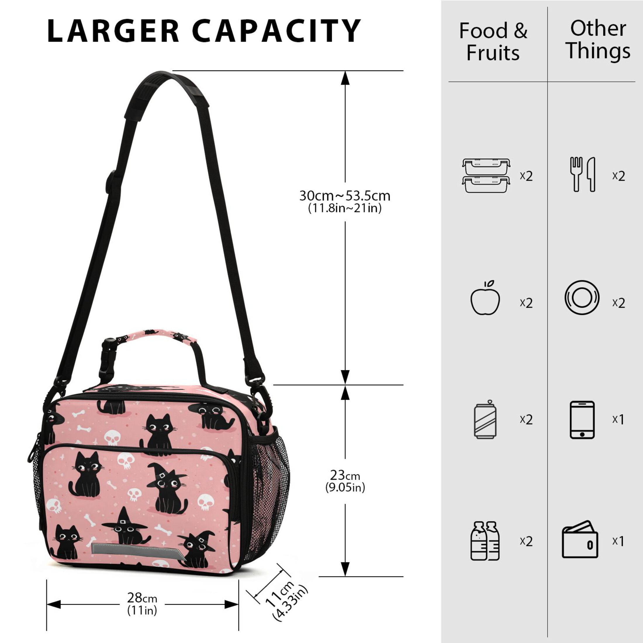 Insulated Lunch Bag 6L Leak-Proof Lunch Box with Shoulder Strap Multiple Pockets Lunch Tote Black Cat Wearing A Witch Hat
