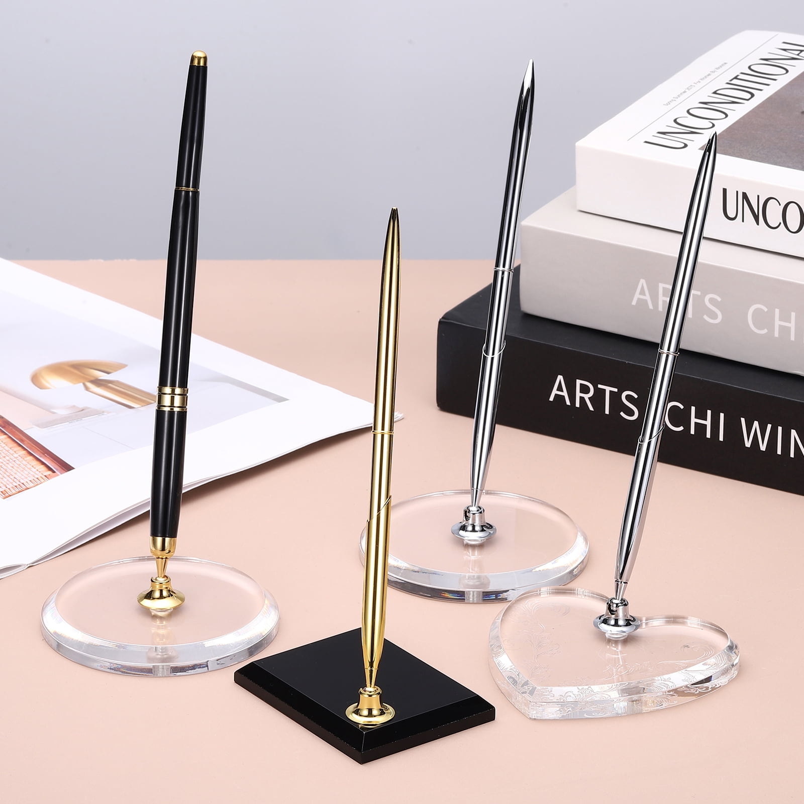 2Pcs Wedding Pens, Guest Book Pen Set with Acrylic Round Base Stand for Wedding Reception Guest Sign in Ceremony Engagement, Black Gold