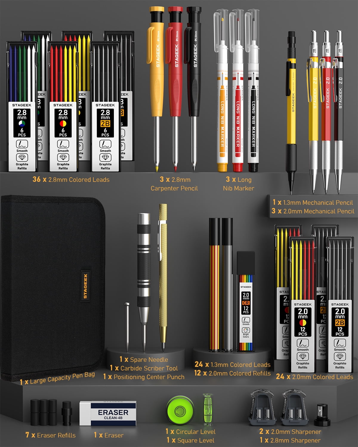 STAGEEK 34 Pack Carpenter Pencil Set with Sharpener, Mechanical Carpenter Pencils with Deep Hole Long-Nib Marker Pens, Carbide Scribe Tool & Construction Pencils for Architect Woodworking with Case