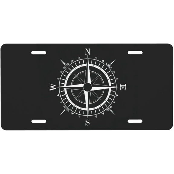 Black White Compass License Plate, Decorative Car Front License Plate, Aluminum Novelty License Plates Vanity Tag Metal Car Plate for Women Men 6 X 12 Inch