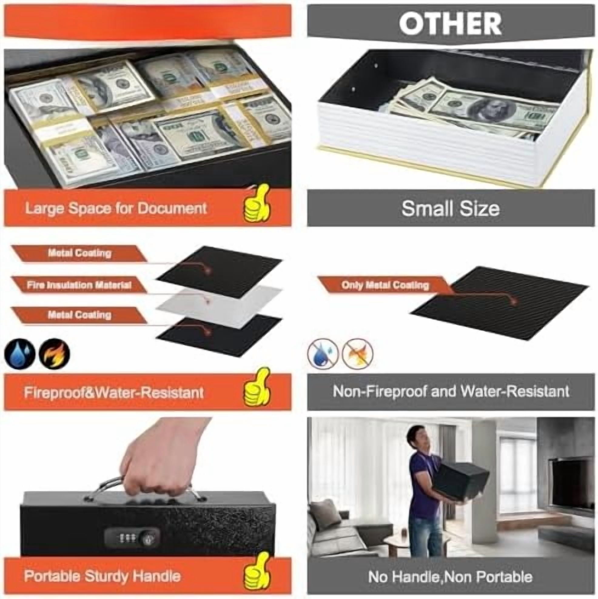 Fireproof Lock Box for Documents, Dual Combination and Key Lock Security with Carrying Handle, Metal Strong Safe Box to Keep Personal Items, Documents, Exterior 13.2''x 11''x4.13'', Black