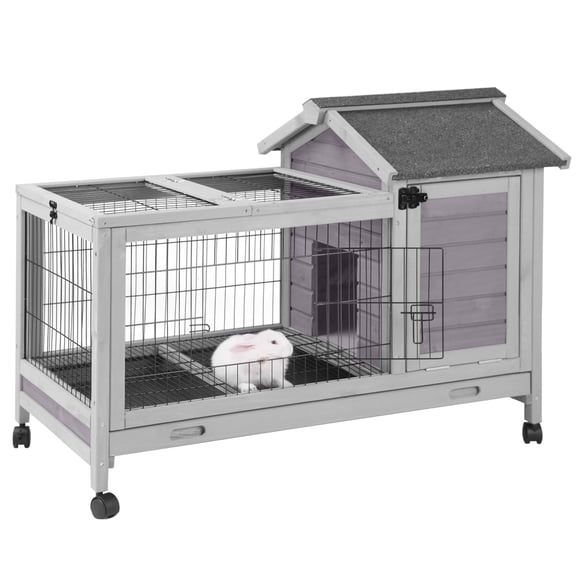 Aivituvin Rabbit Hutch with Wheels for Indoor Outdoor, Wooden Rabbit Cage with Removable Wire Netting & Leak Proof Tray, Mobile Bunny Cage, Gray