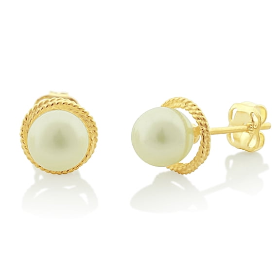 VINALI Women's Small Pearl Stud Pearl Earrings, 14K, Yellow Gold