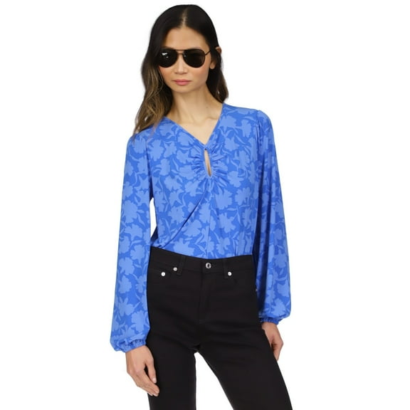Michael Kors Petite Shadow-Fleur Print Long-Sleeve Top, Grecian Blue, P/Medium