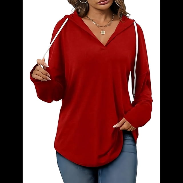 Sudadera con Capucha y Cordón para Mujer, Suéter Holgado de Larga, Talla Grande Rojo XXL