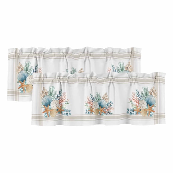 Coastal Starfish Valances for Windows, Nautical Shells Coral Eucalyptus Stripes Light Filtering Kitchen Curtains, Rod Pocket Window Valance Curtains for Living Room Bedroom, 42" W x 18" L, 2 Panels