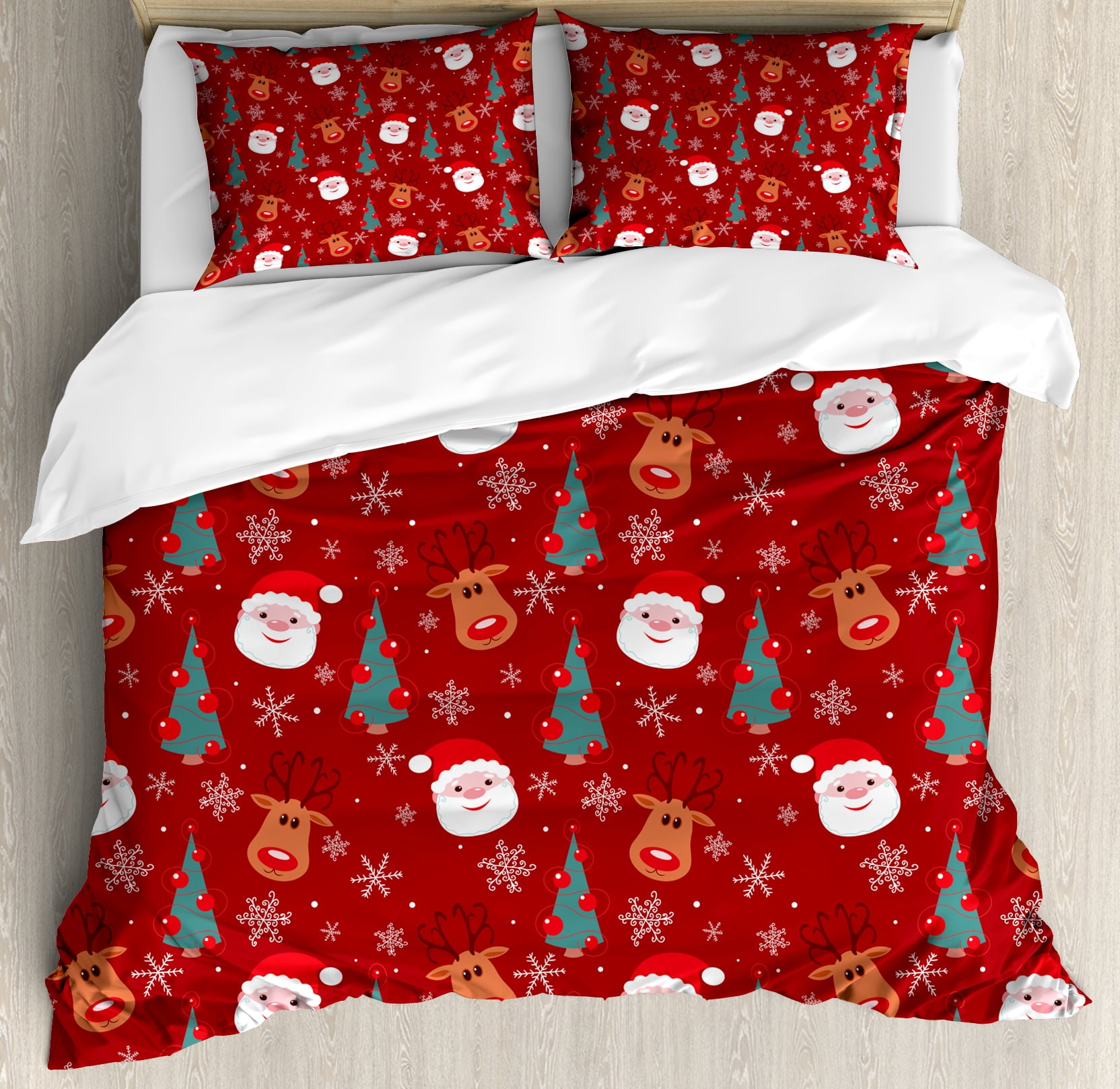 Red Duvet Cover Set Smiling Cartoon Santa With Rudolph Tree And