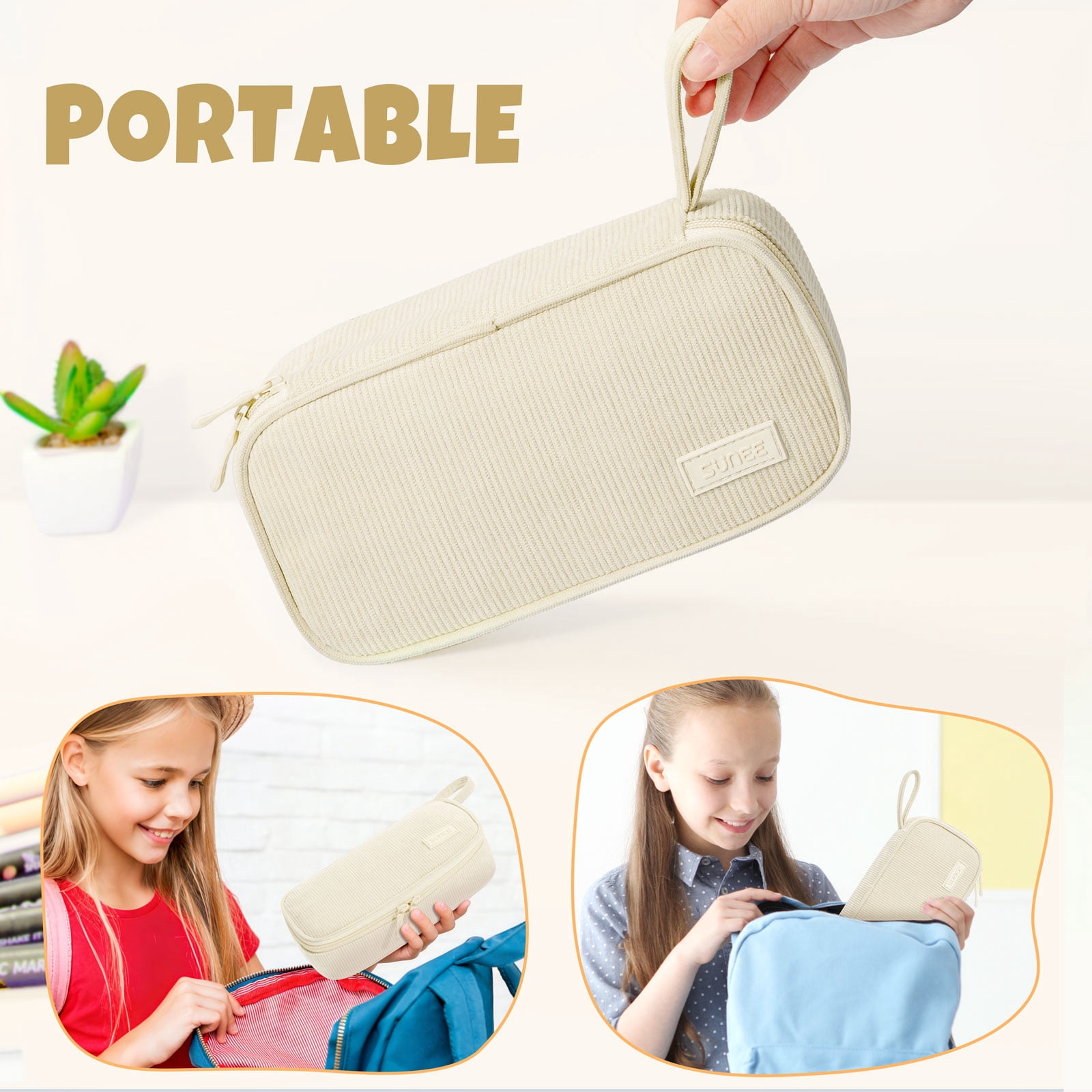 SUNEE Cute Pencil Case, Large Capacity Pencil Pouch Aesthetic Zipper Pencil Bag, Big Storage Pen Organizer for Stationery, Soft Corduroy Pencil Box Back to School Supplies for Teen Girls Boys, Beige