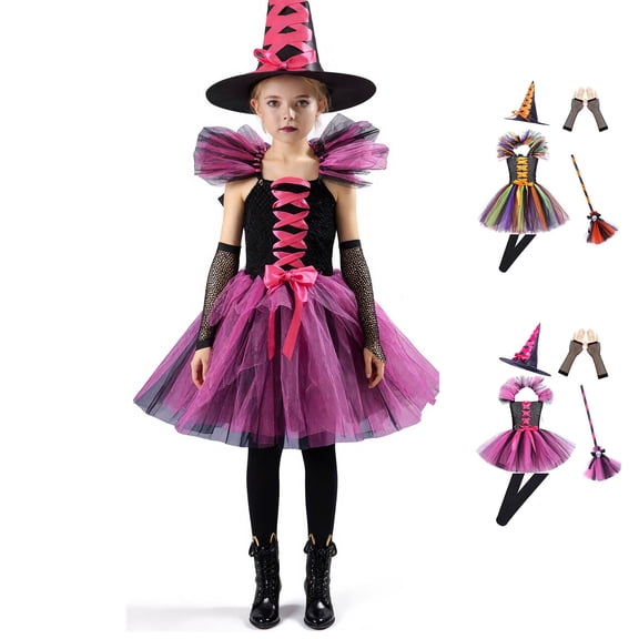 Witch for Kids Tulle Dresses Hats Witch Outfit Set Kids Halloween Dress Party Girls Size 3-12 Years