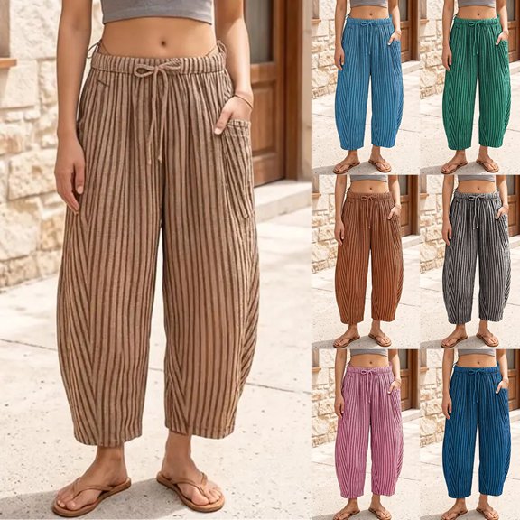 ibiyuan Women's Summer Pants High Waisted Wide Leg Women's Palazzo Pants Stretchy Trousers Pants for Women Drawstring Lounge Pants Women with Pockets Vacation Outfits