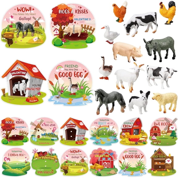 24 Piece Farm Animal Figurines Toys and Animal Cards Valentine Greeting Cards for School Classroom Gift Exchange Prize Party Favor