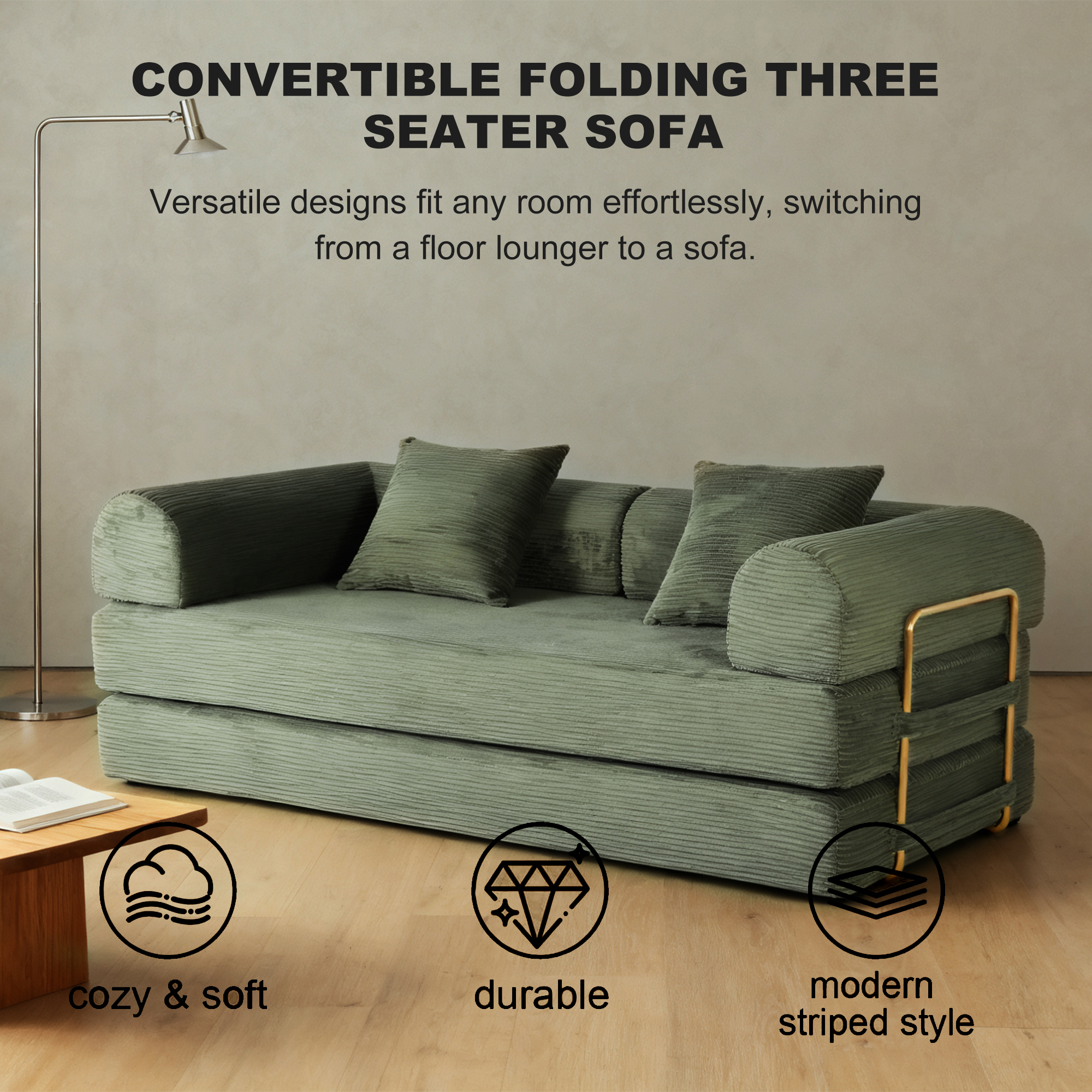 2-in-1 Foldable Sofa Bed 75 Inch Folding Couch Convertible Compressed Sleeper Sofabed Memory Foam Faux Fur Upholstered Cloud Couch Mattress Bed 2 Pillows Green