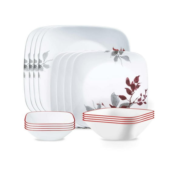 Corelle Kyoto Leaves 16-Piece Square Glass Dinnerware Set (Service for 4)
