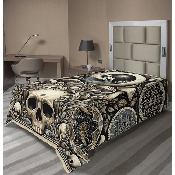 Ambesonne Gothic Art Flat Sheet, Mushroom Skulls Motifs, Twin Size, Eggshell and Charcoal Grey