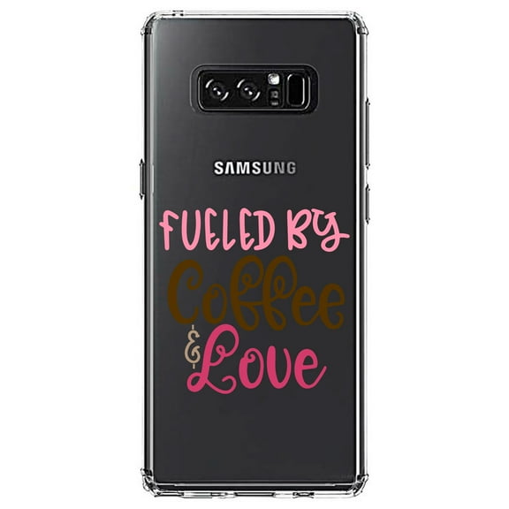DistinctInk Clear Shockproof Hybrid Case for Samsung Galaxy Note 8 - TPU Bumper Acrylic Back Tempered Glass Screen Protector - Fueled By Coffee & Love