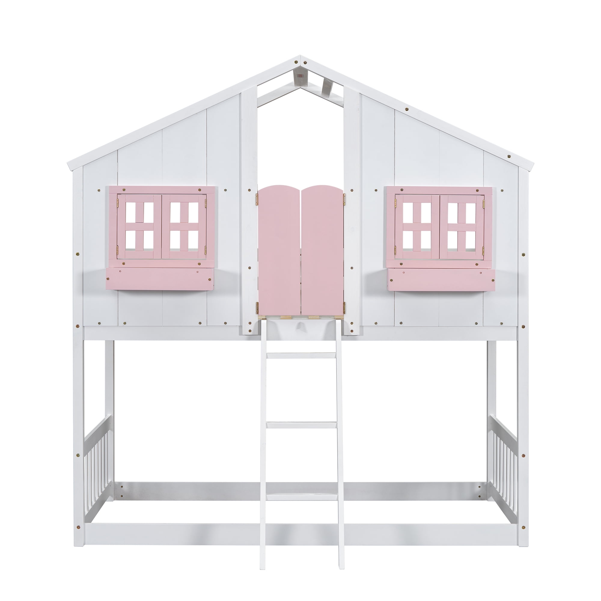 Leumius Twin over Twin Floor Bunk Bed with Ladder and Guardrails, House-Shaped-Bunk Bed with Window and Door for Boys Girls Pink+White