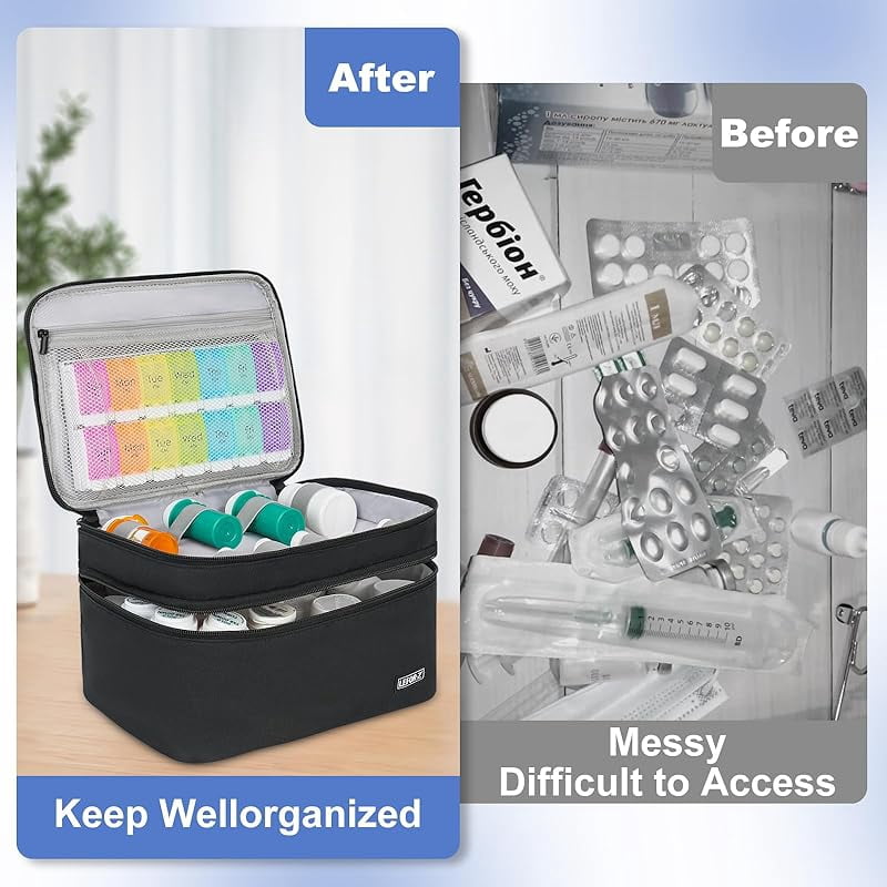 Medicine Storage Bag,Double Layers Pill Bottle Organizer Bag Empty with Lockable Zipper&Adjustable Divider,Medication Travel Carrying Bag for Pills,Vitamins,Medical Supplies