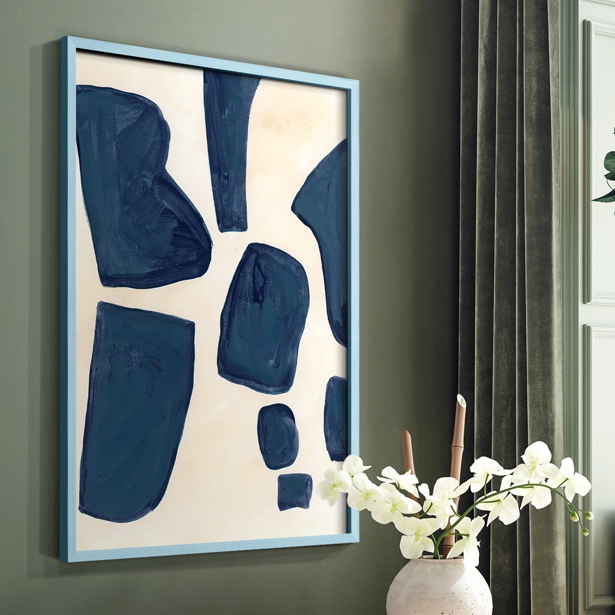 Blue Pieces I Framed Print in Blue Solid Wood Framed Print No Nail Hanging