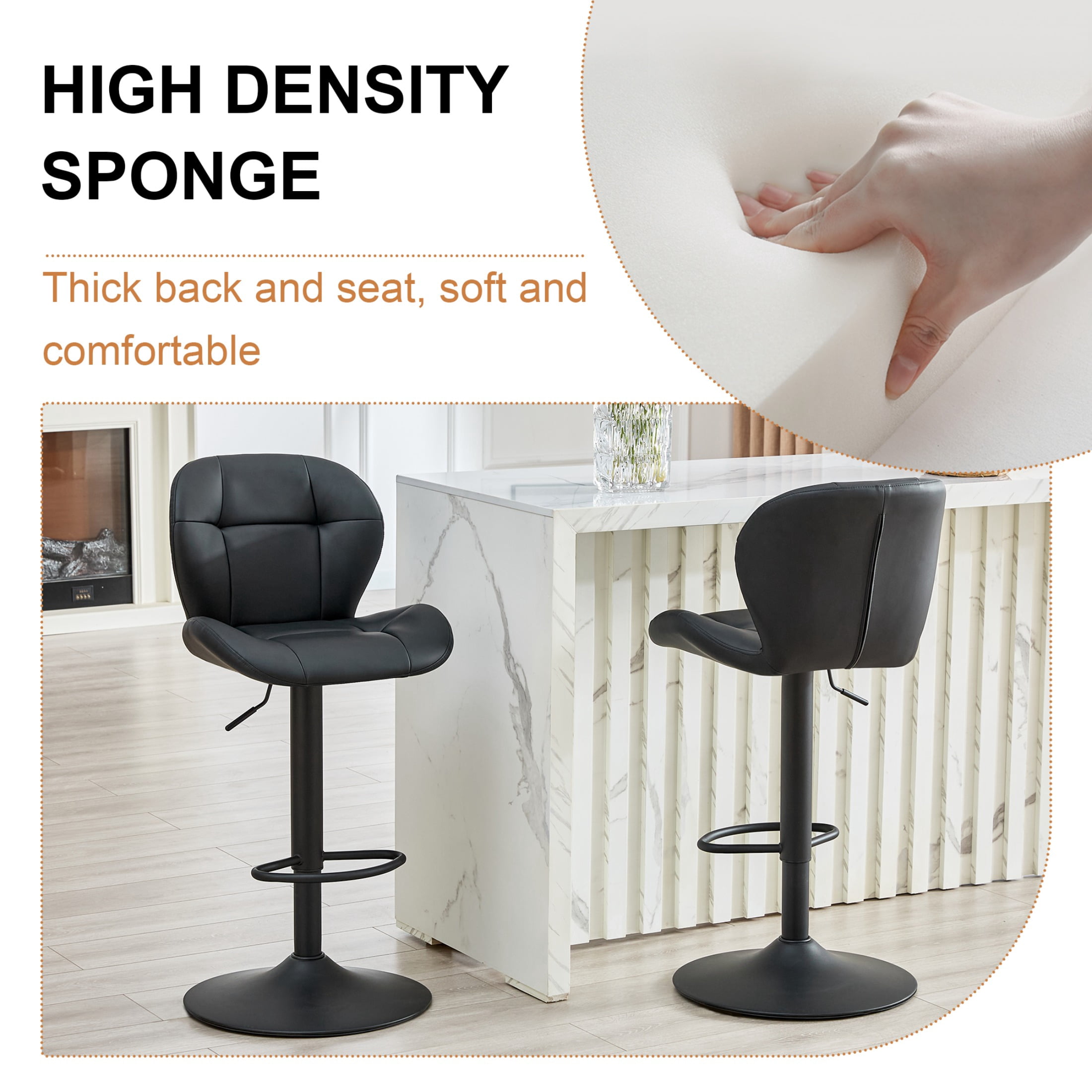 Bar Stools Set of 2, PU Leather Upholstered Adjustable Swivel Barstools, Adjustable Height Bar Chairs with Metal Base & Footrest for Kitchen Island, Pub, Bar - Black