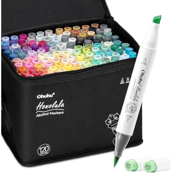 Ohuhu Alcohol Markers Brush Tip 120 Colors- Brush & Chisel Dual Tips- Honolulu - Refillable Alcohol-based Ink