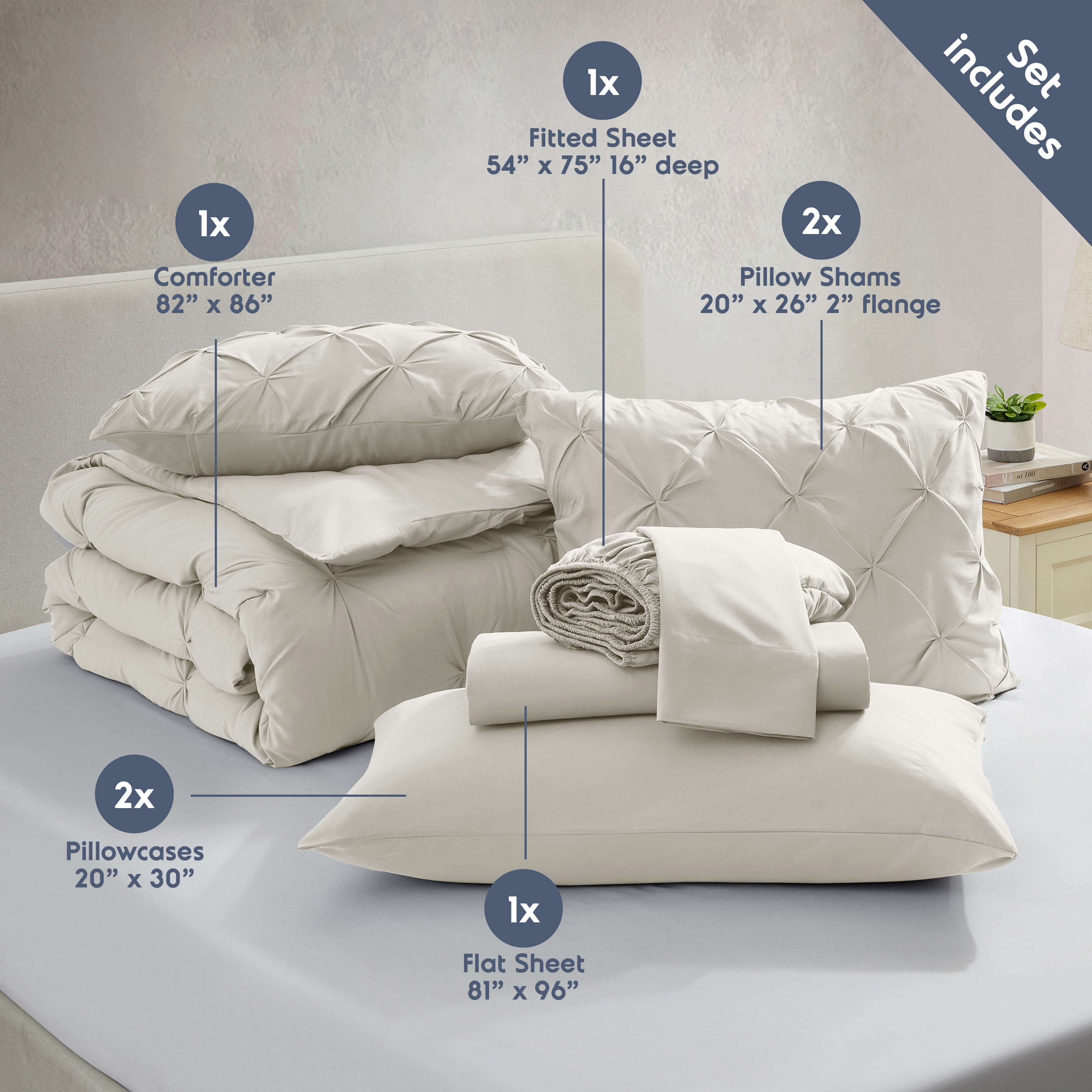 LammaLoe Full Size Comforter Sets, 7 Piece Bed In A Bag Pintuck Bedding Setss ,Off White