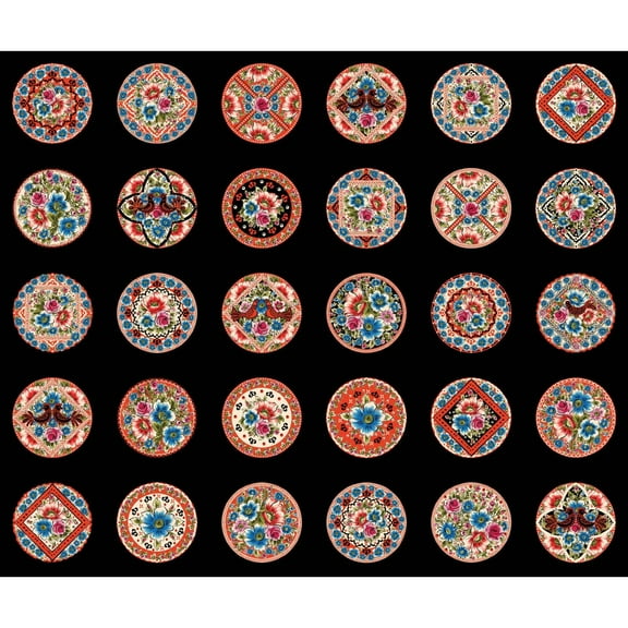 44 x 36 Medallions on Black Maywood Studio 100% Cotton Floral
