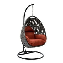 LeisureMod Charcoal Wicker Hanging Egg Chair with Stand and Cushion, Indoor Outdoor Swing for Patio, Bedroom, Garden (Cherry)