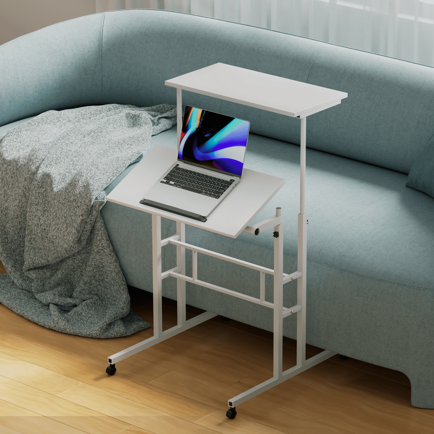 Magshion Lifting Computer Desk W/ Monitor Shelf, Adjustable Height Laptop Desk with Tilting Table for Standing or Sitting, White