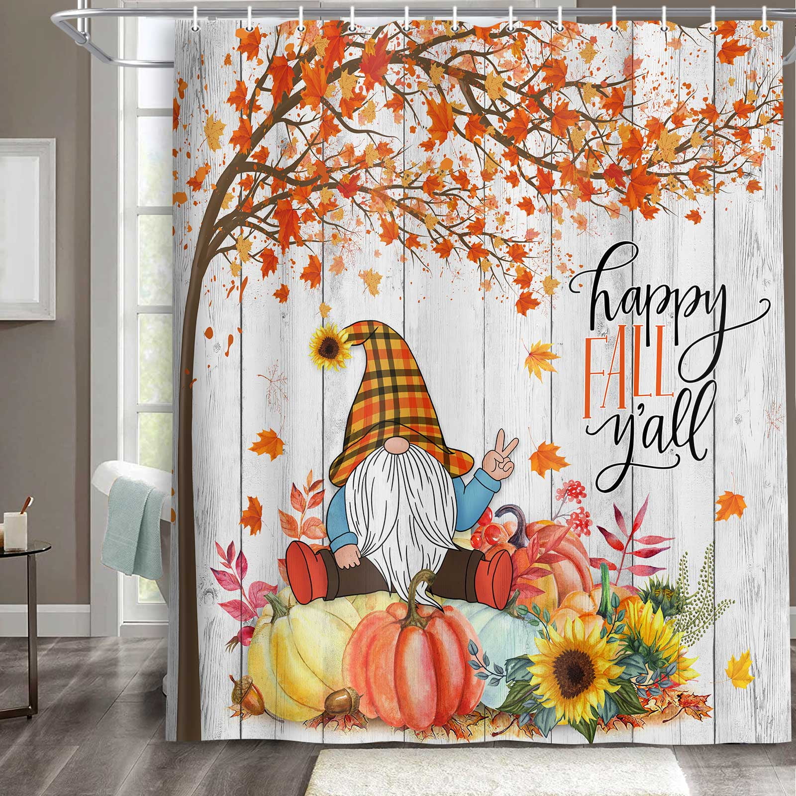 Fall Gnome Thanksgiving Shower Curtain, Autumn Maple Tree Leaves Harvest Pumpkin Bathroom Curtains with Hooks Set, 72 x 72 Inch