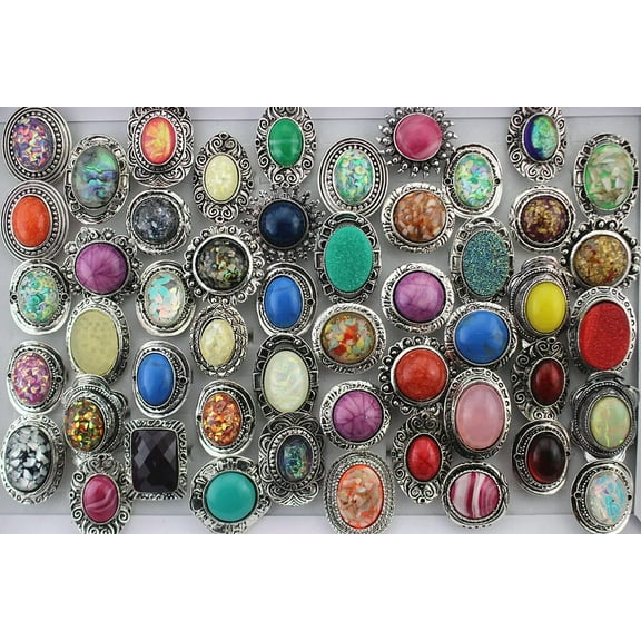 EOEMY Wholesale Lots 32Pcs Colorful Resin Ring Alloy Women Adjustable Rings Gifts