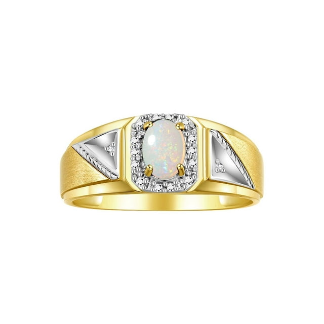 RYLOS Men's Rings 14K Yellow Gold Classic 7X5MM Oval Gemstone & Diamond Ring Opal October Birthstone Rings For Men Size 10