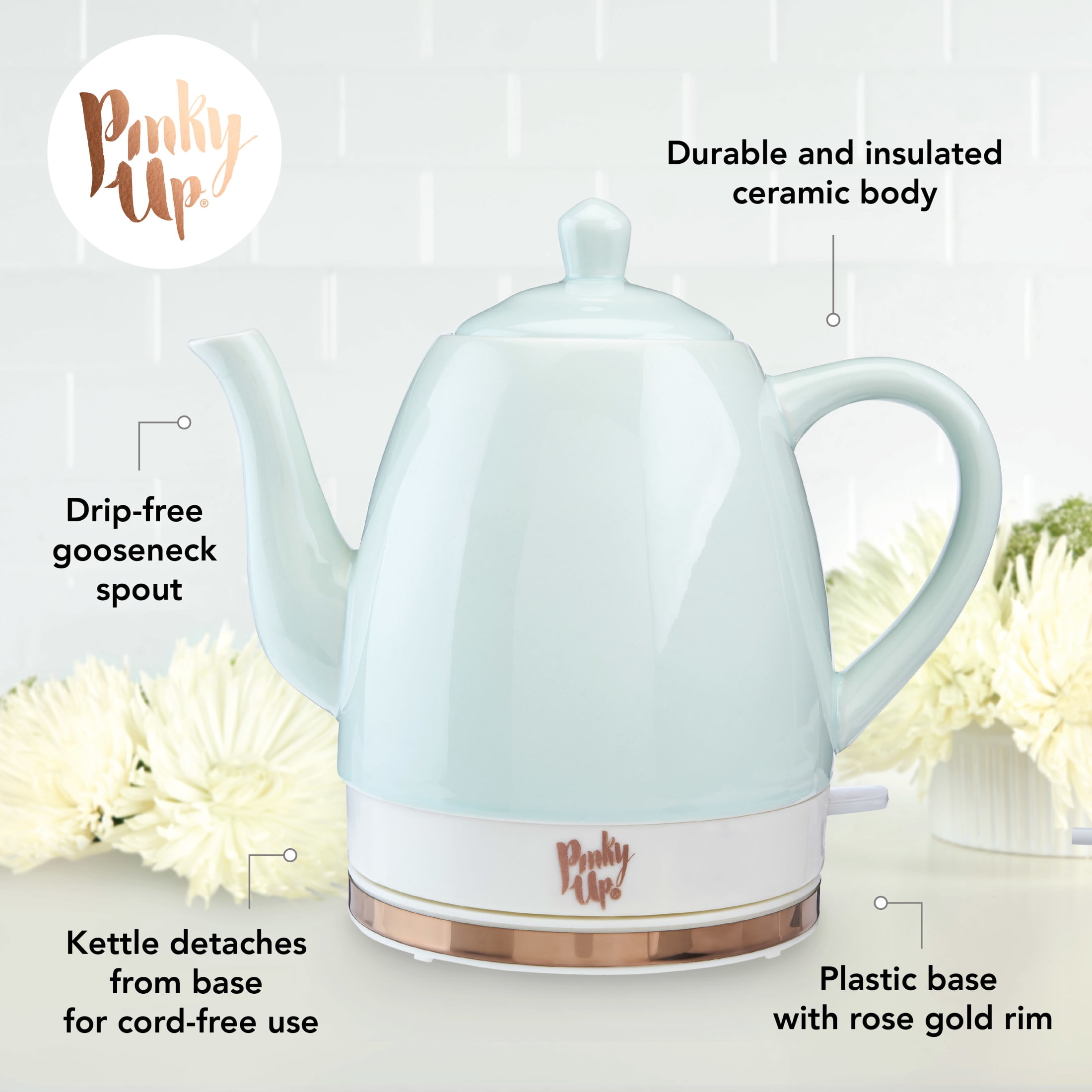 Pink Up Noelle Ceramic Electric Kettle for Hot Tea and Coffee, 1.5L, Mint