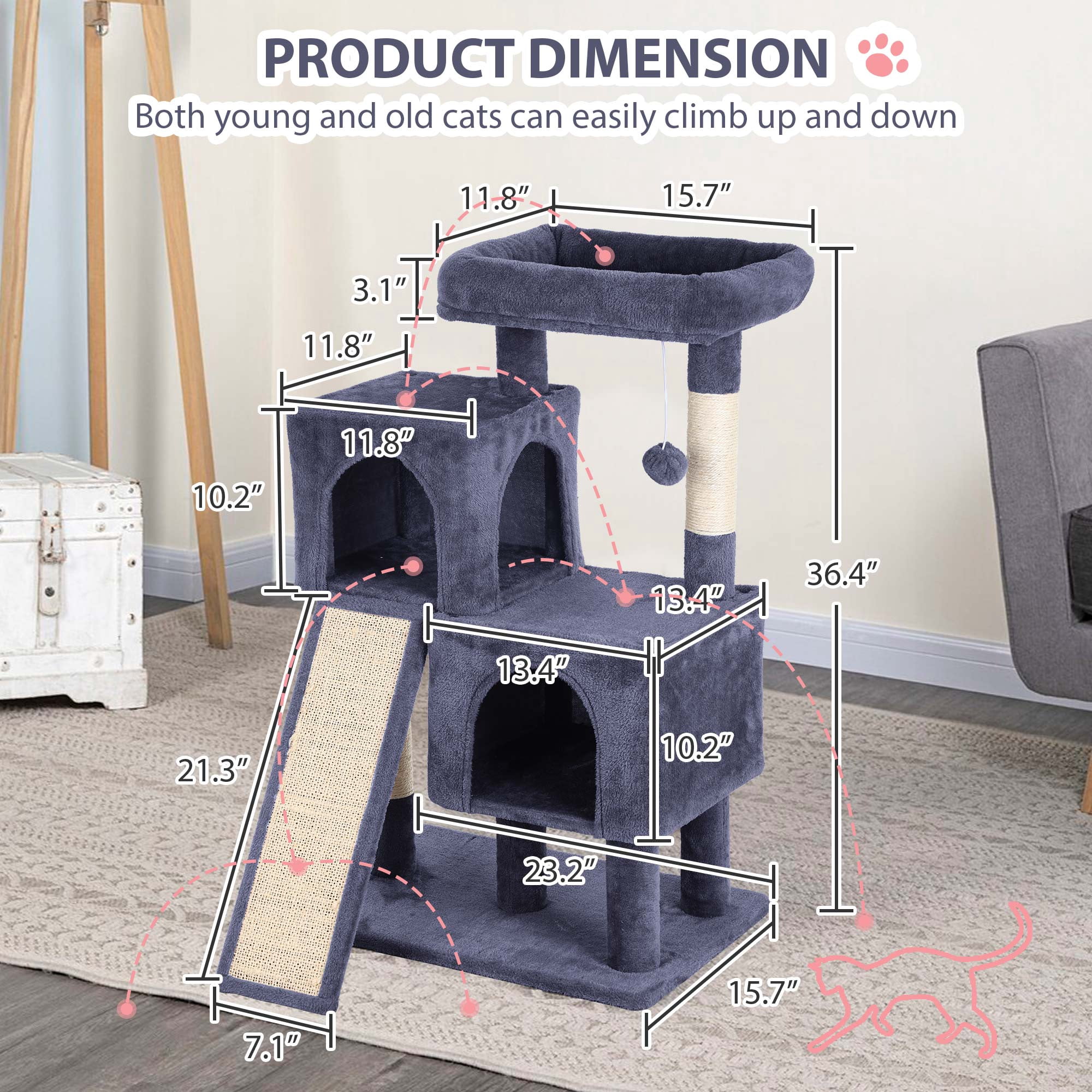 CL.HPAHKL 36 In Short Sturdy Cat Tree House, Modern Cat Tower Scratching Post with Soft Plush Perch Kittens Condo with Board and Hanging Ball Cat Cave Beds for Indoor Cats, Dark Grey