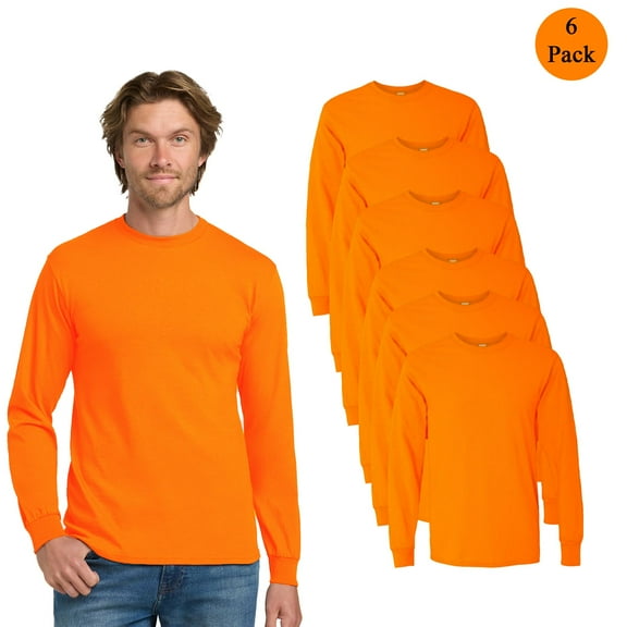 Gildan Hi Vis Long Sleeve Safety T-shirt for Men, Bulk Safety Workwear, Safety Orange, Pack 6, S