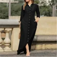 thumbnail image 3 of SpringSummer Women's L-5XL Plus Size Elegant Neutral Style Cotton Linen Long Dress Long Sleeved Lapel Solid Color Loose Casual, 3 of 5