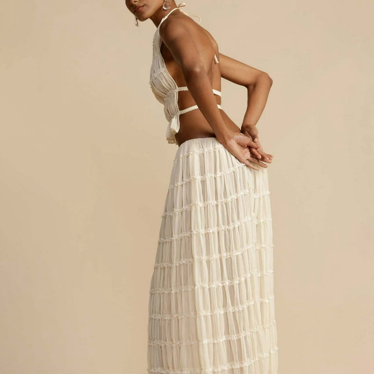 TYGHBN Women's Chiffon Pleated Maxi Skirt and Neck Crop Top Set with Wooden  Bead Trim Shape Skirt Womens Swimsuit with Skirt Ladies Formal Gowns Sequin  High Neck Dress Womens plus Size Swimwear