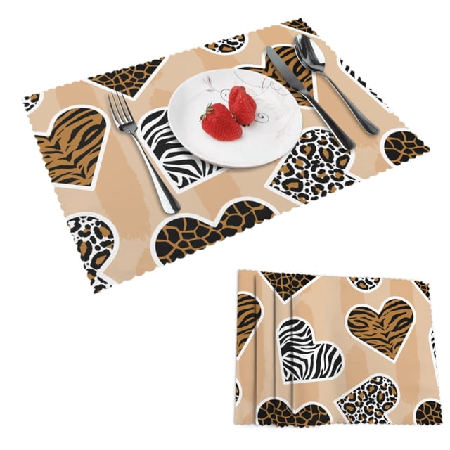 DouZhe Polyester Set de 4 Sets de Table, Coeurs Léopard Tigre Zèbre Texture Motif Résistant à la Chaleur Place Mats pour Table à Manger, 12 "x 18"