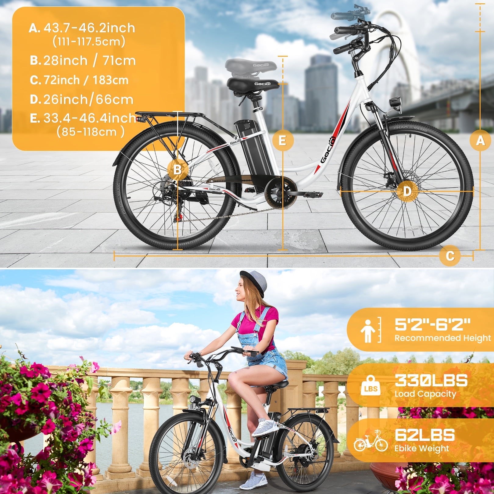 Gocio 26" Electric Bike for Adults, 750W Peak Motor Commuter E-Bike, 48V 7.8Ah Battery, 7-Speed, UL2849