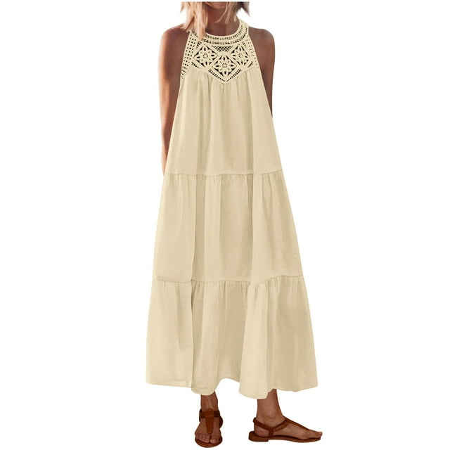 Staron Robe d'Été pour Femmes Bohème à Volants Sans Manches Décontractée Robes Soleil Ligne A Longue Fluide à Col Licou Robe Maxi de Vacances