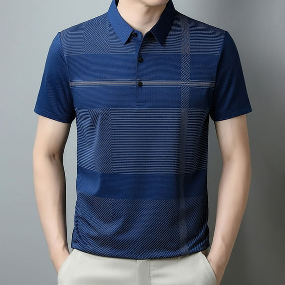 QUINDOS Collared Shirts for Men Polo Short Sleeve Casual Shirts Loose Patchwork Vacation Striped T-shirts