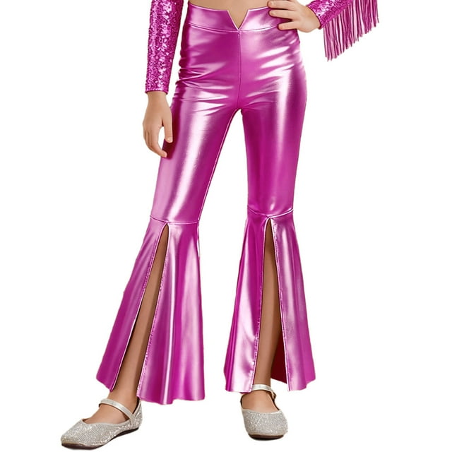 RUNQHUI Kids Girls Split Bell-Bottom Metallic Pants for Party Pageant Dance Sparkle Bell Bottoms Hot Pink 16